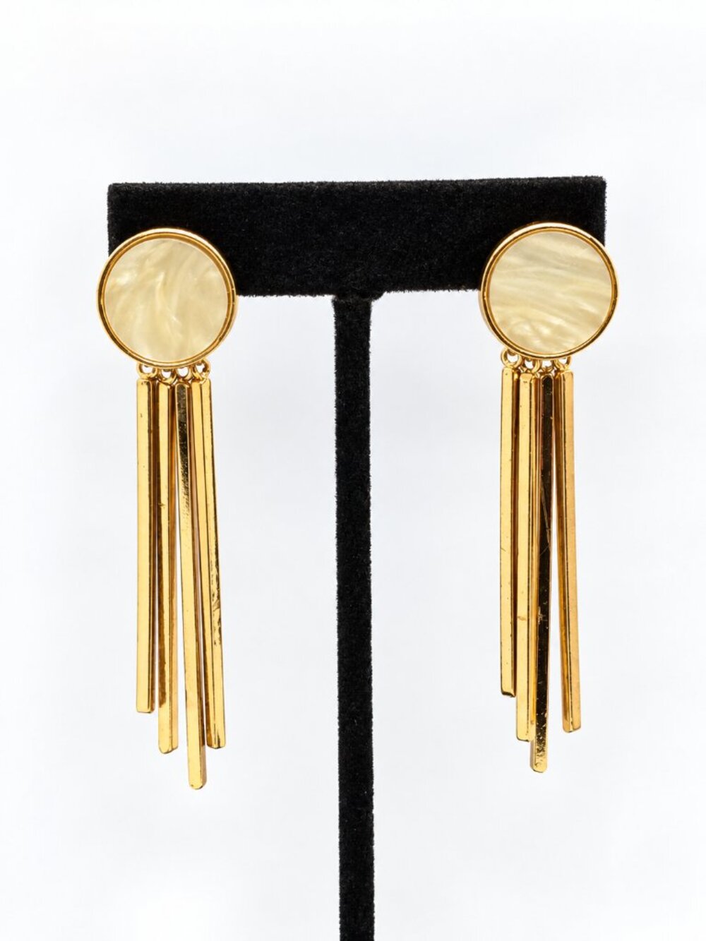 FAUX MOP EARRINGS Gold Tone Long Bar Fringe Dangle Pierced Statement 3.5"